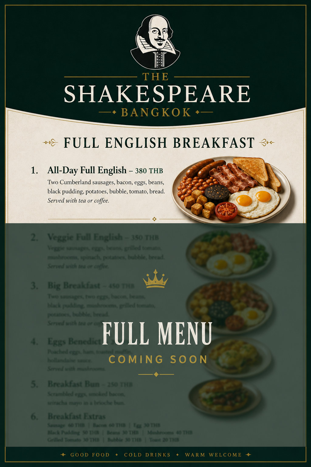 Full English Breakfast menu at The Shakespeare
