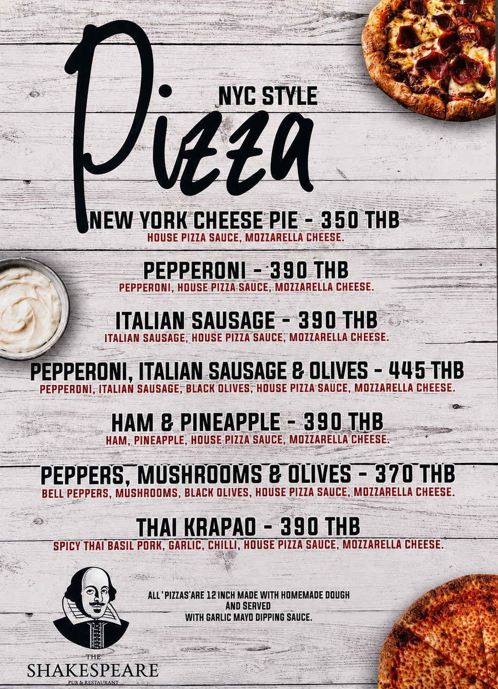 Pizza menu at The Shakespeare