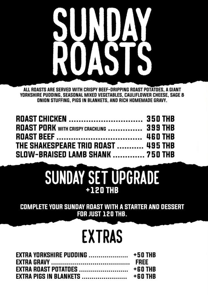 Sunday Roast menu