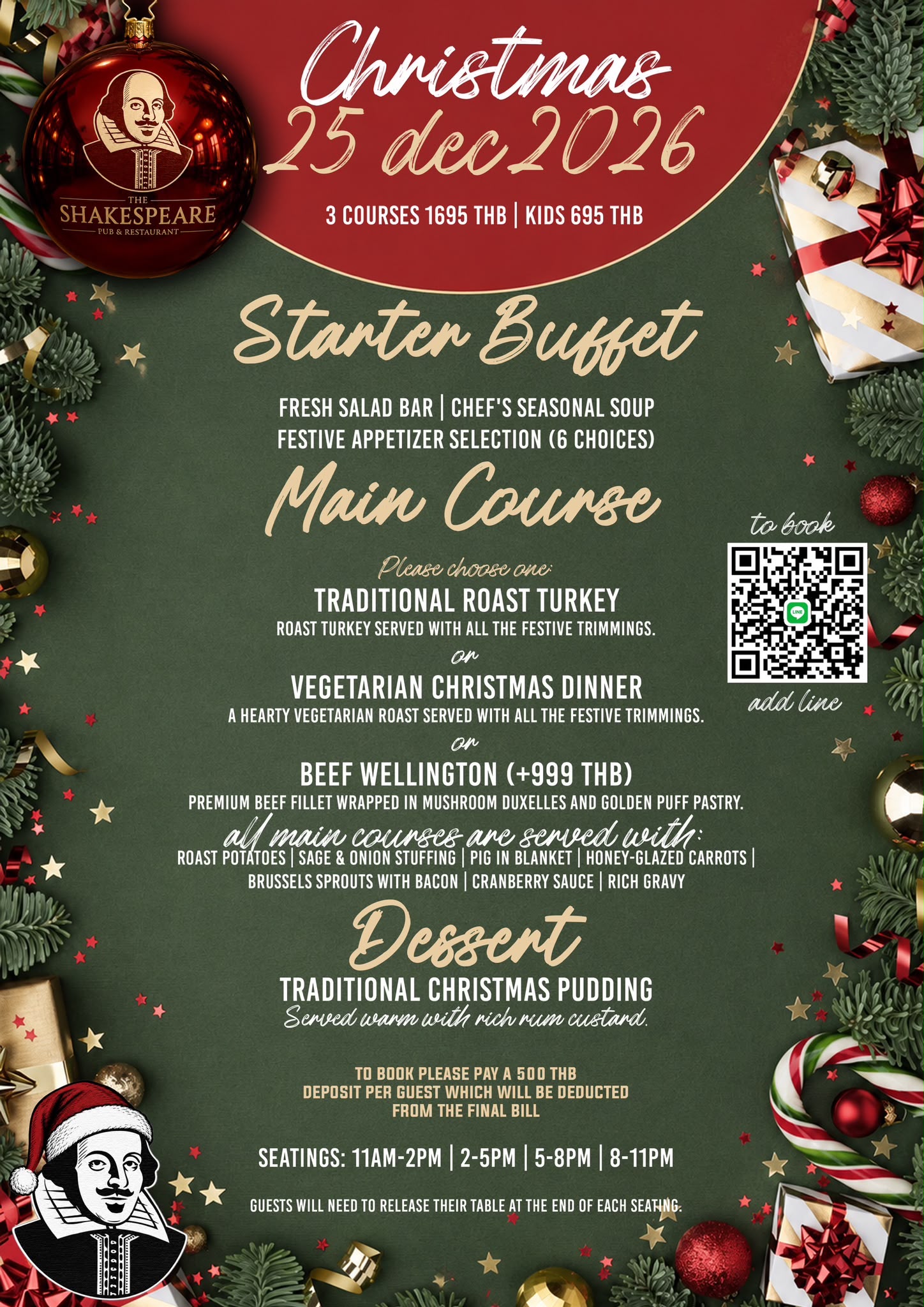 The Shakespeare Pub Christmas Day 2026 set menu — 3 courses ฿1,695, kids ฿695
