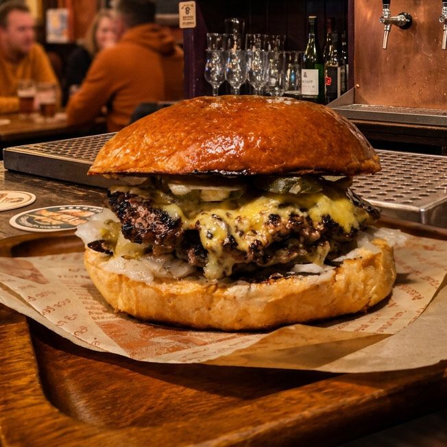 Smash burger served at The Shakespeare Pub bar, Ekkamai, Bangkok